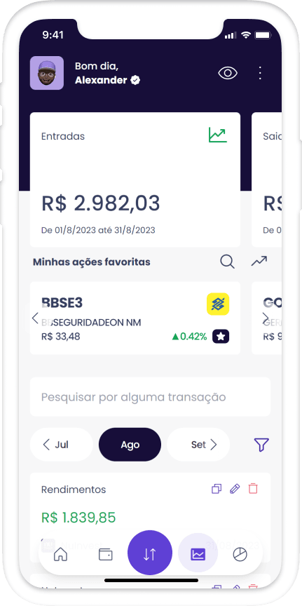 Tela do Aplicativo, área de finanças